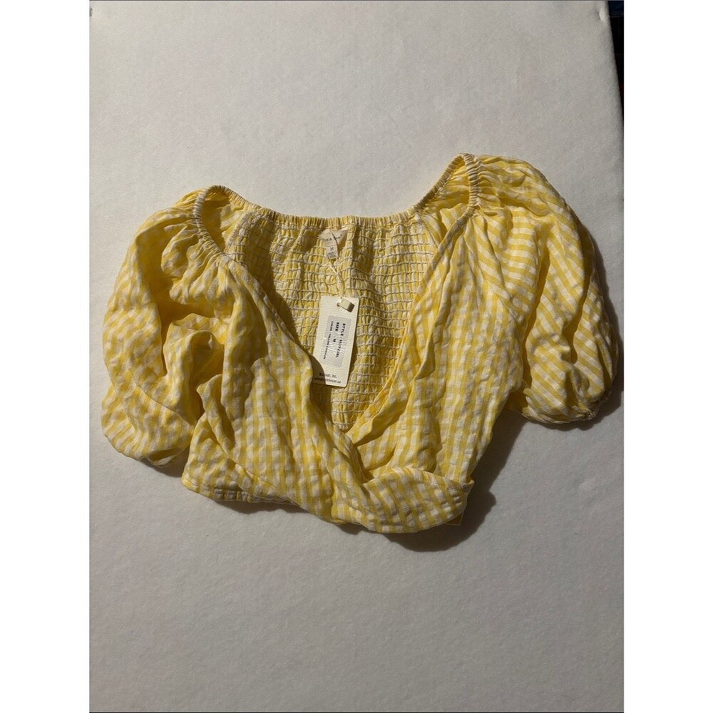 Yellow Gingham Puff-Sleeve Smocked Crop Top